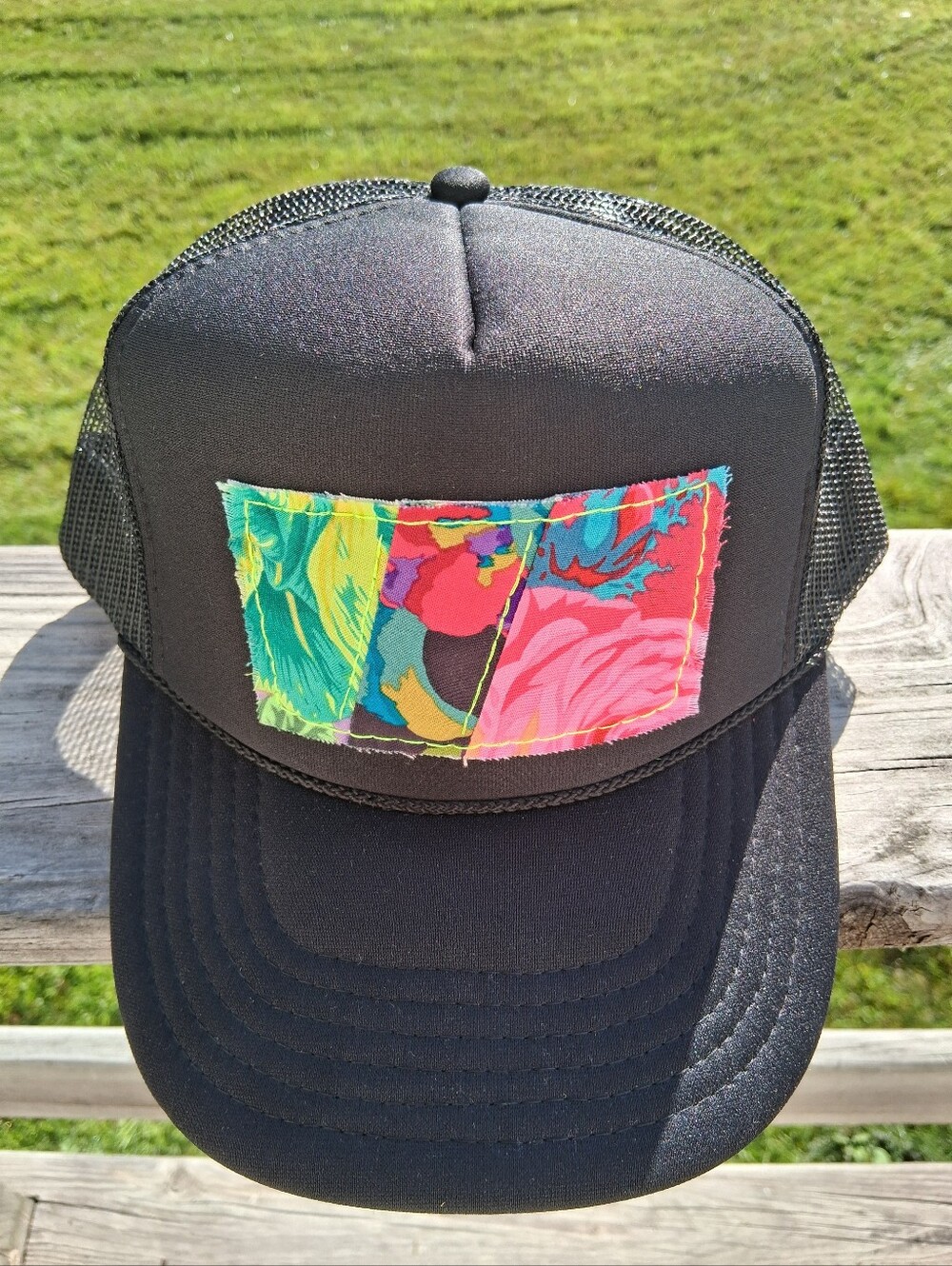 Black Trucker Hat with Multicolor Floral Handmade Patch